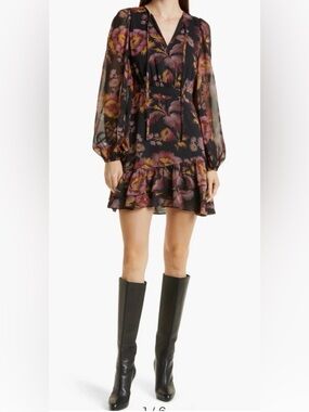 Ted Baker Piara Ruffle Asymmetric Mini Dress Ted Size 4 = 10 Floral Long Sleeve